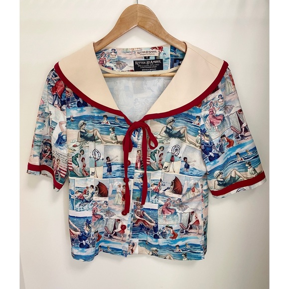 KITTEN D'AMOUR 'By The Seaside' Print Retro Wiggle Dress & Jacket Set Size 10 12 - Picture 7 of 16